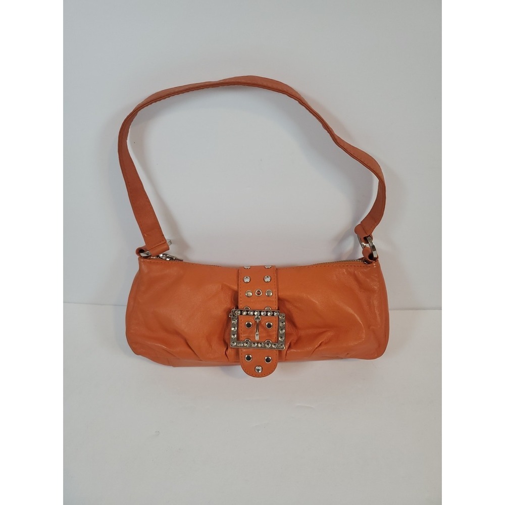Wilsons Leather Orange Bag MAXIMA W Silver Hardware Studs Buckle Purse Handbag